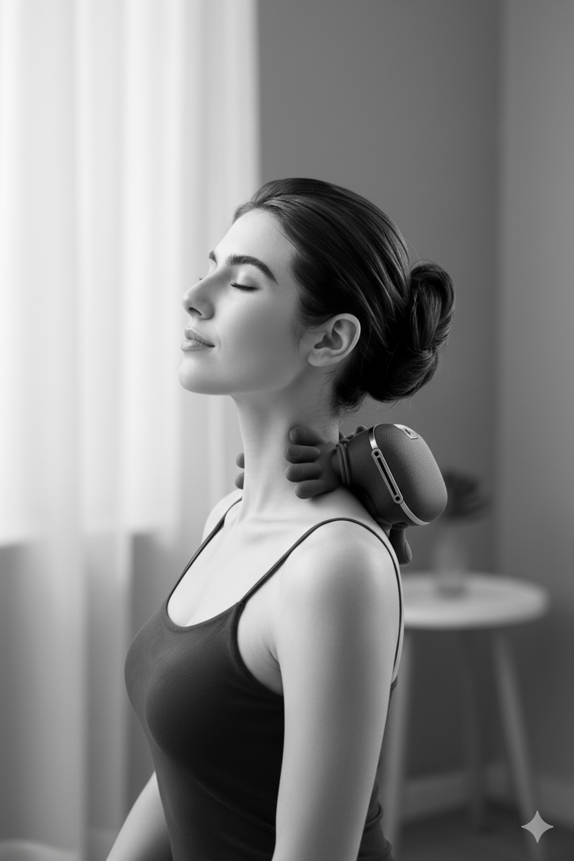 Black and white neck massager lifestyle